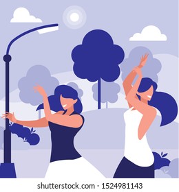 young girls dancing in the park characters vector illustration design