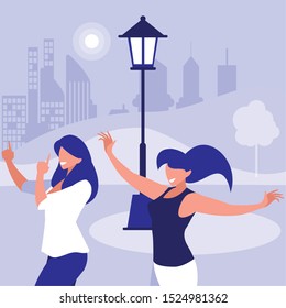 young girls dancing in the park characters vector illustration design