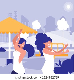 young girls dancing in the park characters vector illustration design