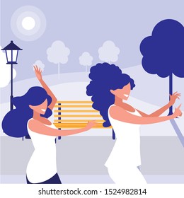 young girls dancing in the park characters vector illustration design