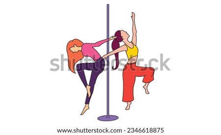 Young Girls Dancing Pole Dance, Woman Dancers Partners Characters Perform Cartoon Vector