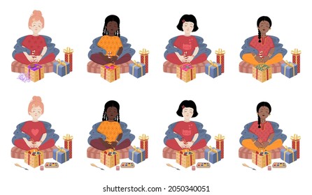 Young girls of different races sit in a lotus position with gifts. Girls open gifts with materials for creativity. Vector holiday stickers and patches with girls.