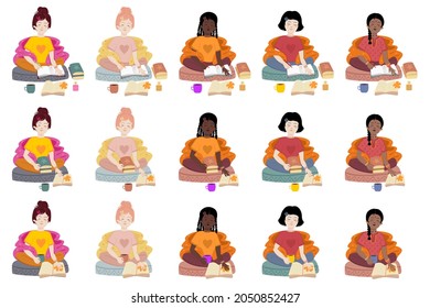 Young girls of different races sit in a lotus position, wrapped in a blanket with books and a diary. Vector autumn stickers and patches with girls set.