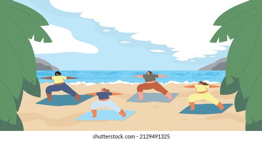 Young girls do yoga in nature. Group wellness classes on the beach. Women perform exercises. Sports tourism. Relaxing time by the sea. Cartoon vector flat illustration.