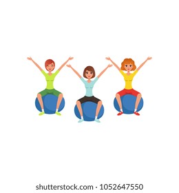 Young girls doing exercise while sitting on fitness balls. Women in colorful sportswear. Healthy lifestyle. Cartoon people in gym. Active workout. Flat vector