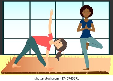 Young girls doing yoga exercises. Active life.