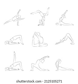 Young girls doing yoga. Healthy lifestyle. Set of vector illustrations of silhouettes isolated on a white background.