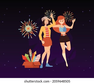 Young girls enjoy fireworks flat vector illustration isolated on dark background. Young people celebrate holiday or festive event, birthday with fireworks.