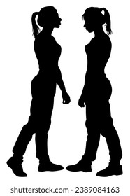 Young girls in fashion clothes on white background