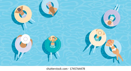 Young girls floating on colorful inflatable rings in blue pool water. Top aerial view. Flat vector characters