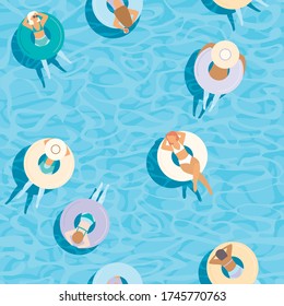 Young girls floating on colorful inflatable rings in blue pool water. Top aerial view. Flat vector seamless pattern