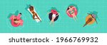 Young girls floating on inflatable rings and air mattresses in blue pool water. Top aerial view. Vector banner, poster illustration design.