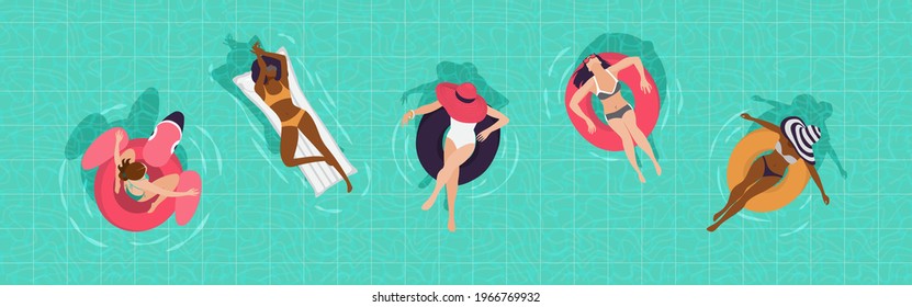 Young girls floating on inflatable rings and air mattresses in blue pool water. Top aerial view. Vector banner, poster illustration design.