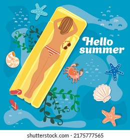 Young girls floating on yellow air mattress in blue sea or ocean water. Top aerial view. Vector banner, poster illustration design. Hello summer lettering.