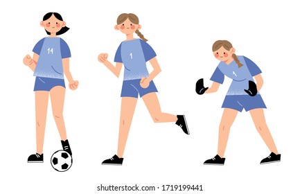 Young girls football players in blue uniform playing football outdoors in team