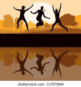 Young girls friendly jumping in the water background illustration vector