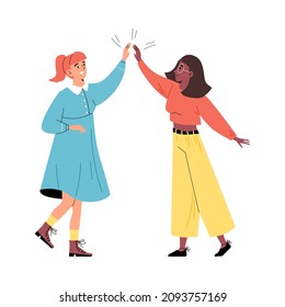 Young girls friends greet each other with informal high five gesture flat vector illustration isolated on white background. Cheerful girls clap hands gesture of joy.