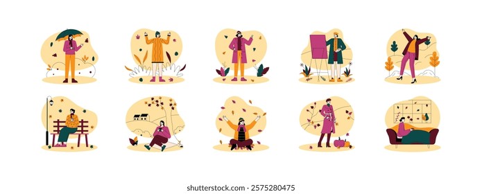 Young girl's fun autumn activities, vector illustration character concept, enjoying the coming season happily.