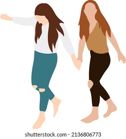 Young girls girlfriends go barefoot holding hands