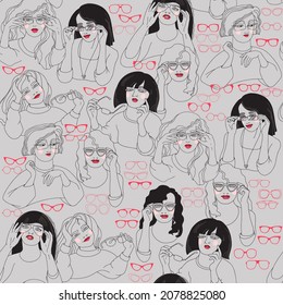 Young girls with glasses. Seamless pattern. Line art style.