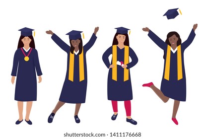 Young girls graduate in graduation gown and hats with tassels. Trendy Flat Women