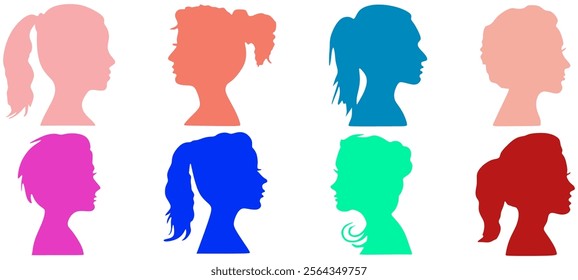 Young Girls Group. Profile silhouette faces boys and girls set, man and woman