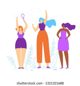 Young Girls with Hands Up. Diverse International and Interracial Women. Female Power Symbol in Hand, Feminism and Feminine, Woman Empowerment Idea. Togetherness. Cartoon Flat Vector Illustration.