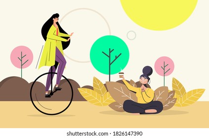 Young girls have fun together in the park. Sitting girl show coffee cup and other girl ride a bicycle. Nature illustration and flat background.