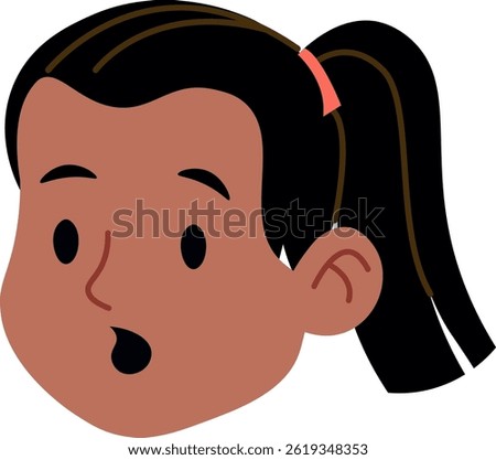 A young girl's head is shown in a simple cartoon style with a ponytail.  The child's expression shows astonishment and wonder. Cartoon vector illustration