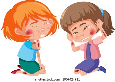 Young girls injured at cheek and arm cartoon character on white background illustration