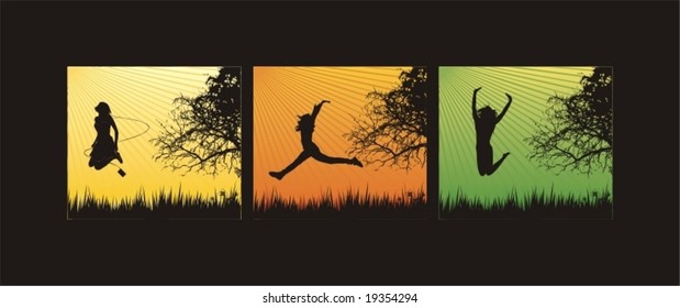 young girls jumping in the grass,vector illustration