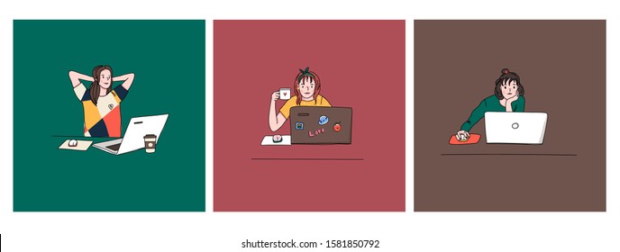 Young girls with laptops. Studying, drinking coffee, browsing internet, social media, blogging. Online education or communication concept. Set of three hand drawn vector illustrations. Cartoon style