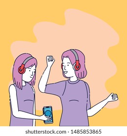 young girls listen music with earphones and player