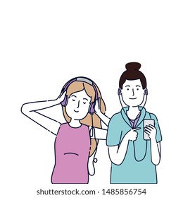 young girls listen music with earphones and player