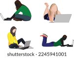 young girls lying down look at the computer-