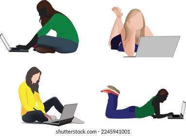 young girls lying down look at the computer-