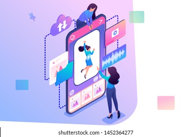 Young girls make a post on the social network. Uploading content to social networks concept. 3d isometric. Concept for web design