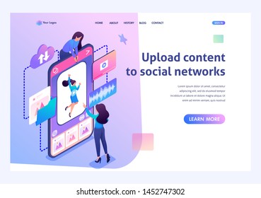 Young girls make a post on the social network. Uploading content to social networks concept. 3d isometric. Landing page concepts and web design