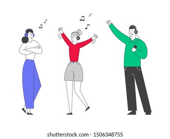 Young Girls and Man Wearing Headset Listening Music Tracks. Fans Cheering Dancing and Jumping with Hands Up. Friends Having Fun Leisure. People Clubbing in Night Club. Cartoon Flat Vector Illustration