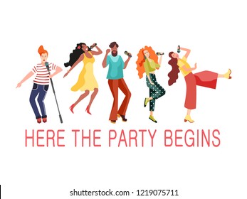 Young girls and men dudes dancing at a retro party to the music. Vector illustration in the style of 70-80 years