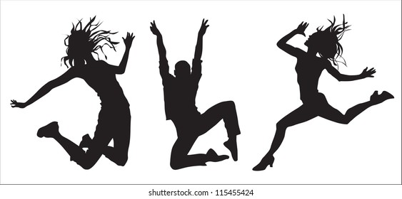 young girls, men (silhouette, dance, jump, vector illustration)