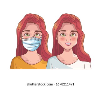 young girls with mouth cap medical accessory vector illustration design