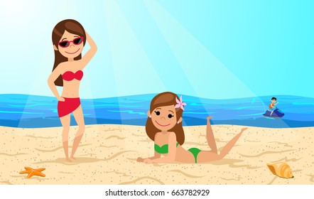 Young girls on the beach. Women sunbathing on the sand. The cartoon style. Vector illustration.