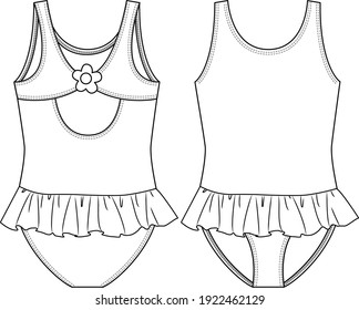 Young Girls One piece Swimsuit fashion flat sketch template. Flower detail at back. Swimwear Technical Fashion Illustration. Small Frill Skirt