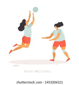 Young girls play beach volleyball. Popular summer sports and outdoor activities. Vector flat illustration on white isolated background.