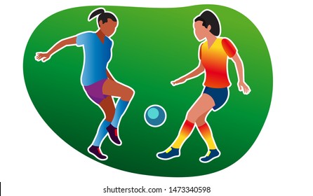 Young girls play soccer. Vector illustration. Girls dressed in sportswear go in for sports in the air. Active sports games. Gender equality. Equal opportunities for sports for women. Flat style.