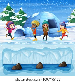 Young Girls Playing in front of Igloo illustration