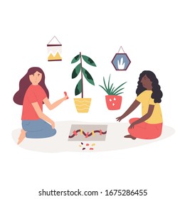 Junge Mädchen spielen Tischspiele. Freizeit, Hobby-Konzept. Vektorillustration