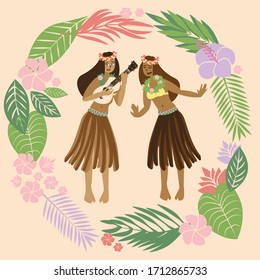 Young girls playing ukulele, singing and dancing hula. Tropical exotic leaves and flowers in circle, hawaiian plants.