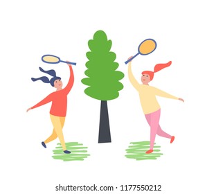 Young girls with rackets in hands, playing tennis, badminton, walking in park of recreation and entertainment, against the backdrop of surrounding landscape, trees. Vector illustration in flat style.